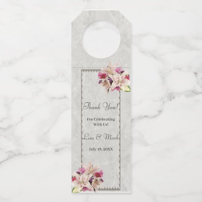 Weißer Lilienblumenmarmor Hochzeitshänger Flaschenanhänger (Vorderseite)