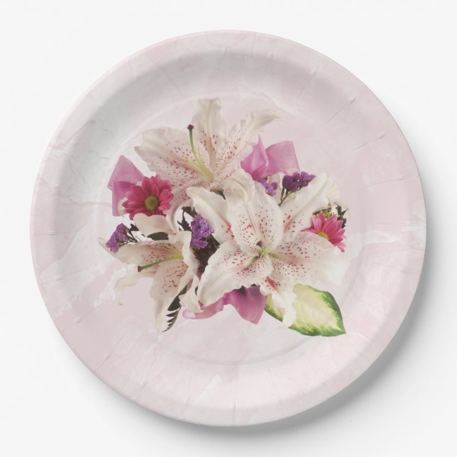 Weißer Lilienflor - Rosa Marmorplatte Pappteller (Vorderseite)