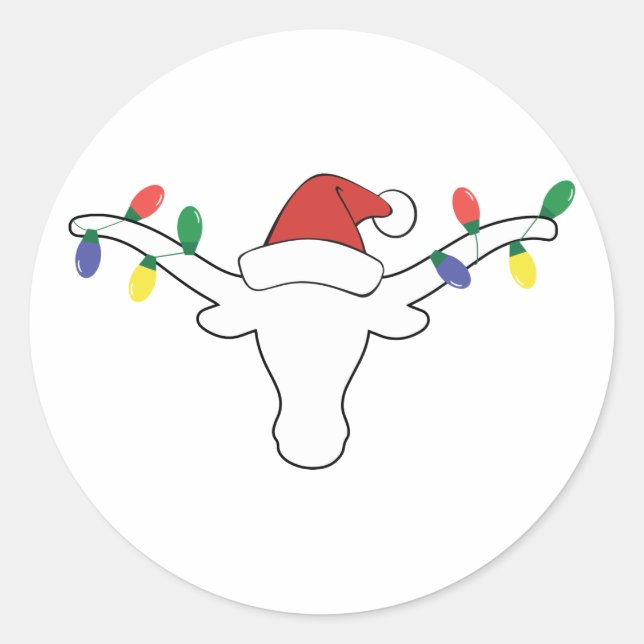 Weißer Longhorn mit Weihnachtsbeleuchtung und Weih Runder Aufkleber (Vorderseite)