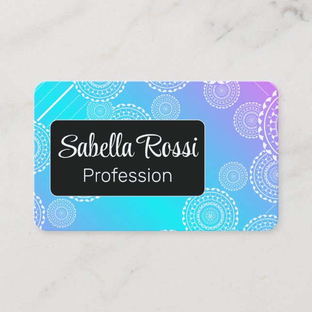 Weißer Mandala auf Aqua Pink Blended Rainbow Black Visitenkarte (Vorderseite)