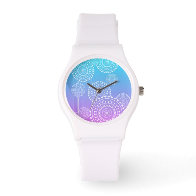 Weißer Mandalas auf Aqua Pink Blended Rainbow Armbanduhr (Vorderseite)