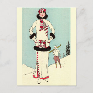 Weißer Mantel mit Skunkbesatz von George Barbier Postkarte