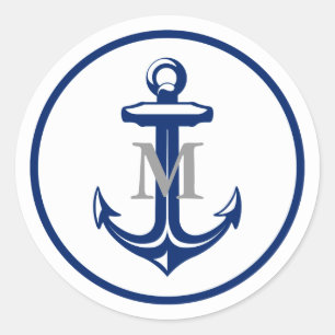 Weißer Marine-Blau-Anker mit Monogramm Runder Aufkleber