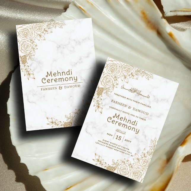 Weißer Marmor Floral Lace Islamischer Mehndi Einladung (Von Creator hochgeladen)