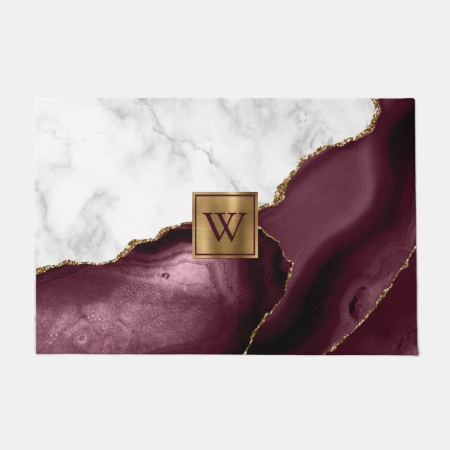 Weißer Marmor Gilded Burgundy Agate Monogram Fußmatte (Vorderseite)