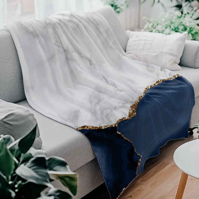 Weißer Marmor Gilded Navy Blue Agate Fleecedecke (Von Creator hochgeladen)