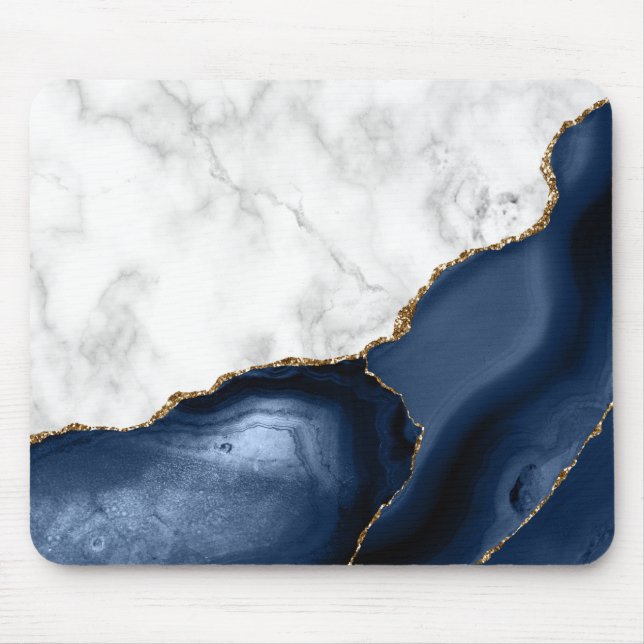 Weißer Marmor Gilded Navy Blue Agate Mousepad (Vorne)