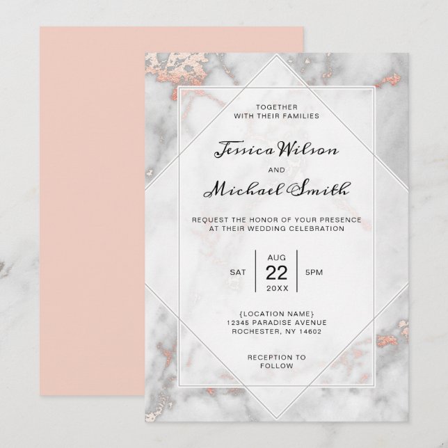 Weißer Marmor Korallenrosa Elegante Rose Hochzeit  Einladung (Vorne/Hinten)