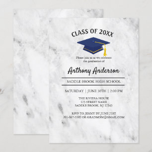 Weißer Marmor mit Navy Blue-Grad-Cap-Abschluss Einladung