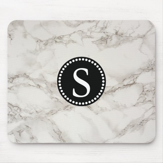 Weißer Marmor mit Schwarzer Monogramm Mousepad (Vorne)