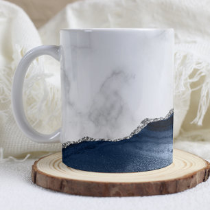 Weißer Marmor Navy Blau Silber Achat Kaffeetasse