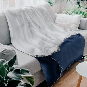 Weißer Marmor Navy Blue Agate Silver Glitzer Fleecedecke