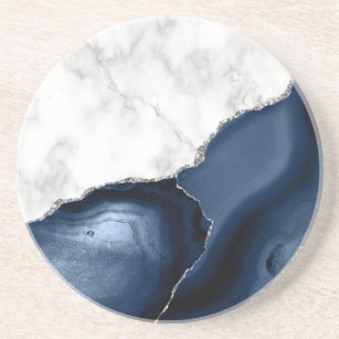 Weißer Marmor Navy Blue Agate Silver Glitzer Getränkeuntersetzer