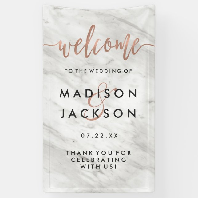Weißer Marmor & Rose Gold Moderne Hochzeit Willkom Banner (Vertikal)