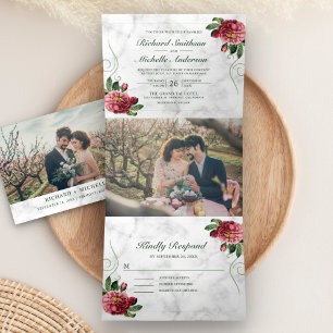 Weißer Marmor Rustikal Pink Hydrangea Blumenzehen Dreifach Gefaltete Einladung