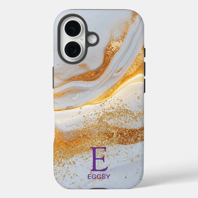 Weißer Marmor Schick Gold Glitter Monogramm iPhone 16 Hülle (Rückseite)