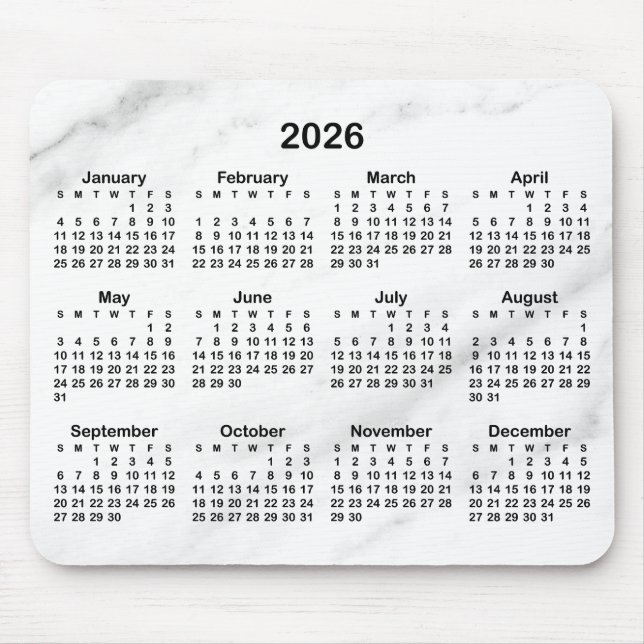 Weißer Marmor Schwarz 2026 Kalender Mousepad (Vorne)