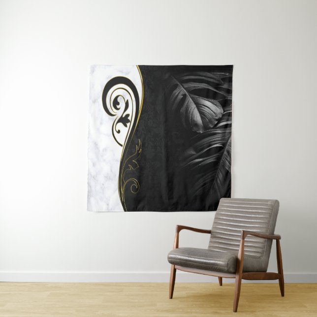 Weißer Marmor, Schwarz, Goldene Filigree Wandteppich (Beispiel)