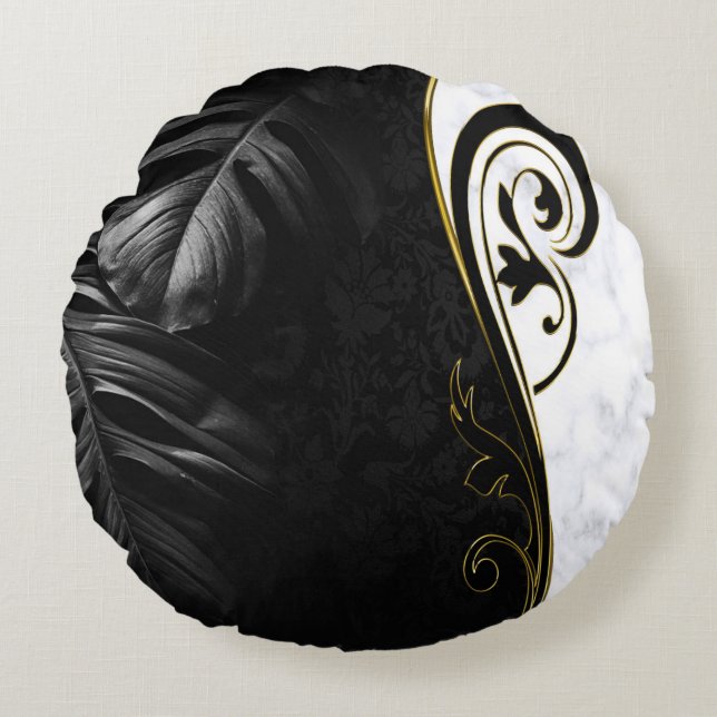 Weißer Marmor, schwarz, goldenes Mobiliar Rundes Kissen (Vorderseite)