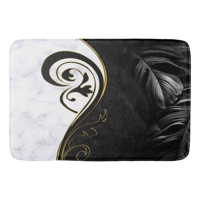 Weißer Marmor, schwarz, goldfarbener Filigree Graf Badematte (Vorderseite)