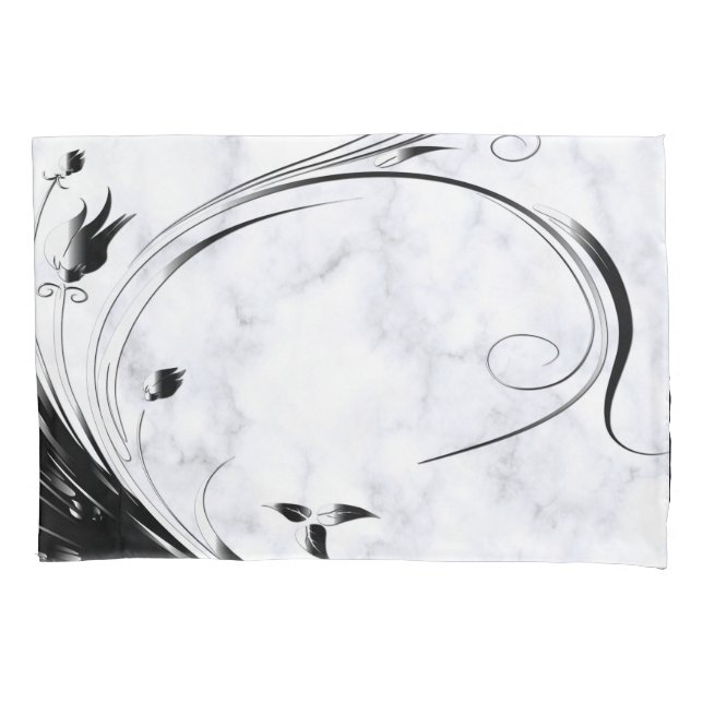 Weißer Marmor, schwarze Filigree Grafik Kissenbezug (Vorderseite)