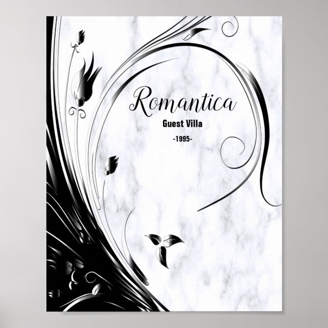 Weißer Marmor, schwarze Filigree Grafik Poster (Vorne)