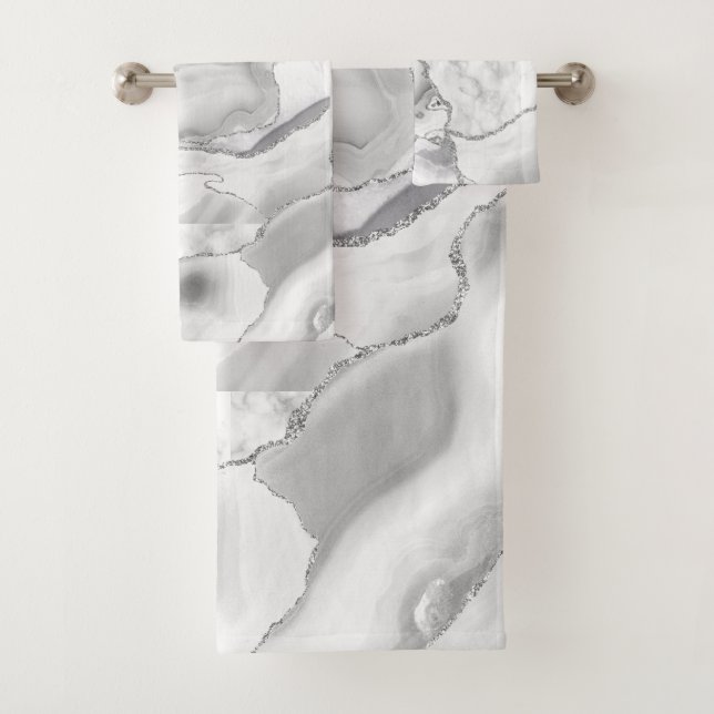 Weißer Marmor Silver Glitzer Agate Elegant Badhandtuch Set (Insitu)