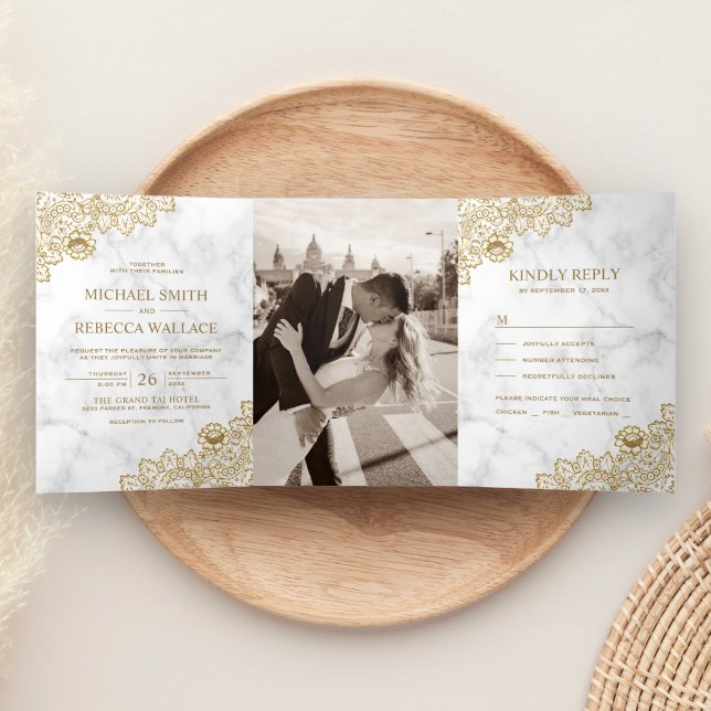 Weißer Marmor und Foto für Hochzeiten Dreifach Gefaltete Einladung (Von Creator hochgeladen)