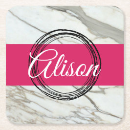 Weißer Marmor und Fuchsienrosa tragen den Namen. Rechteckiger Pappuntersetzer