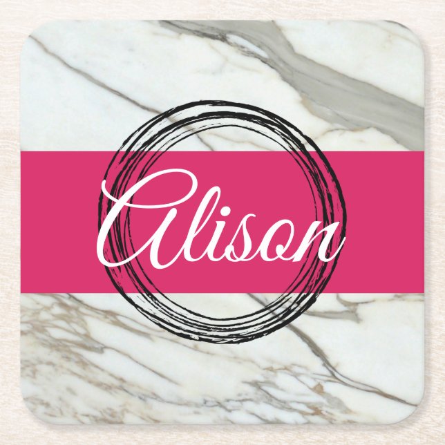 Weißer Marmor und Fuchsienrosa tragen den Namen. Rechteckiger Pappuntersetzer (Vorderseite)