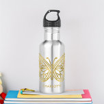 Weißer Marmor und geometrischer Schmetterling aus  Edelstahlflasche<br><div class="desc">Moderner und trendiger weißer Marmor und bedruckter Goldfolie geometrischer Schmetterling personalisiert Design.</div>