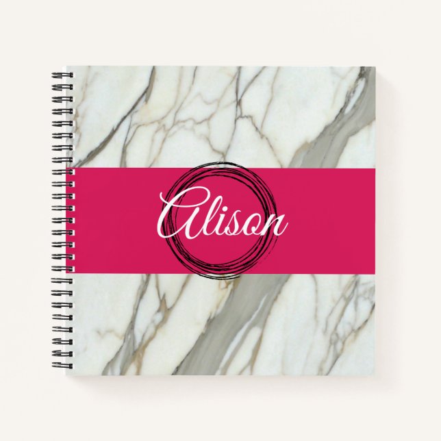Weißer Marmor und rosa fuchsienfarbener individuel Notizbuch (Vorderseite)