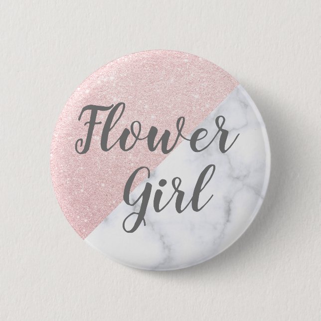 Weißer Marmor und Rose Gold Glitzer Blume Mädchen Button (Vorderseite)