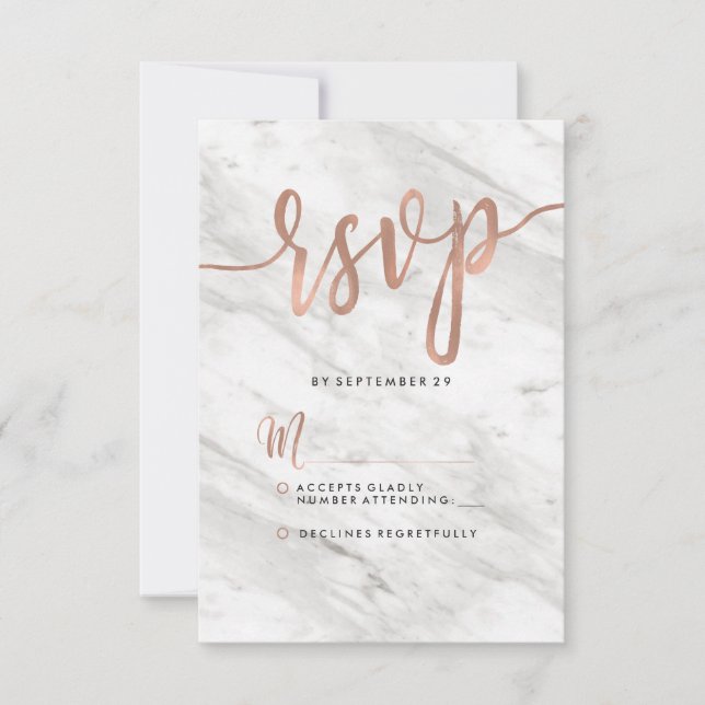 Weißer Marmor und Rose Gold Moderne Hochzeitsreise RSVP Karte (Vorderseite)