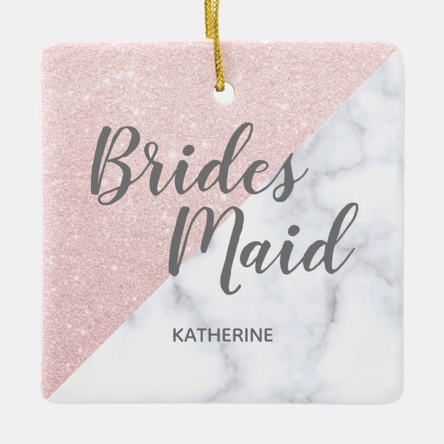 Weißer Marmor und Rose Goldmedaille Glitzer Brides Keramikornament (Vorderseite)