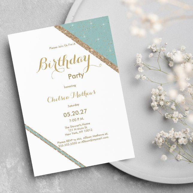 Weißer Minzgrün Glitzer geometrisch Geburtstag Einladung (White mint green gold glitter geometric Birthday )