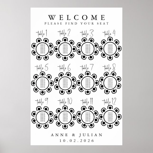 Weißer moderner minimaler Hochzeitssitzplan Poster (Vorne)