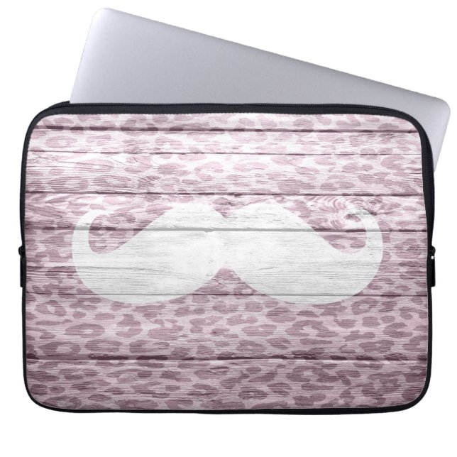 Weißer Mustache auf Leopard-Holz Laptopschutzhülle (Vorderseite)