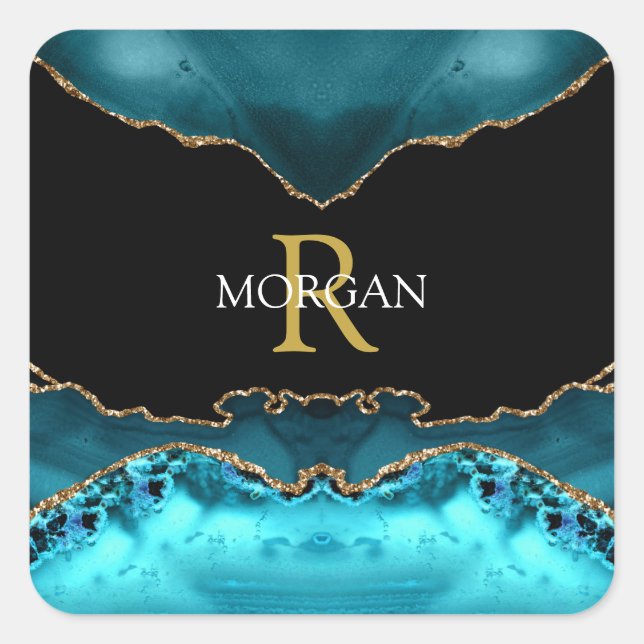 Weißer Name und Goldmonogramm, Aquamariner Goldsch Quadratischer Aufkleber (Vorderseite)
