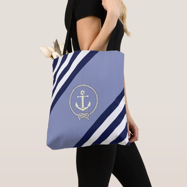 Weißer Nautikanker/Nabelknoten/Marine/blauer Strei Tasche (Von Nahem)