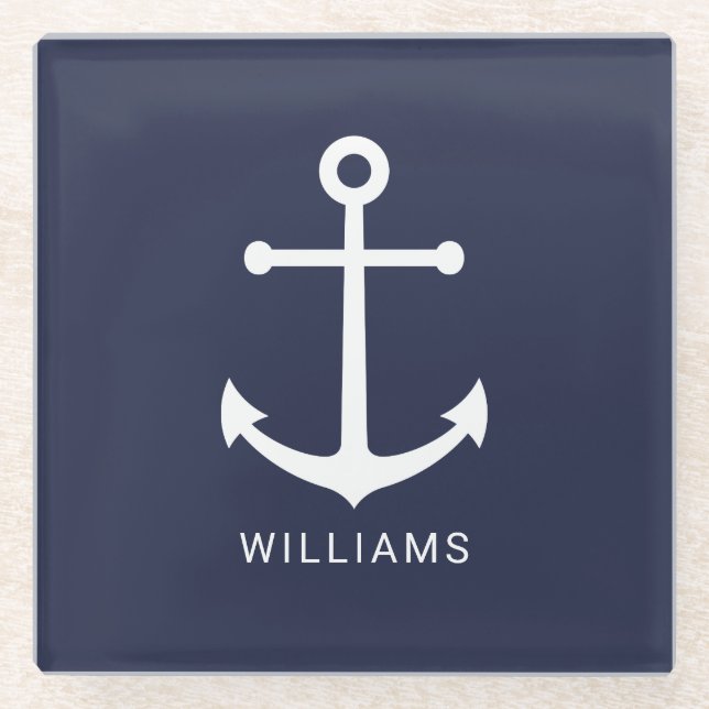 Weißer Nautikanker und Individuelle Name auf Navy  Glasuntersetzer (Vorderseite)