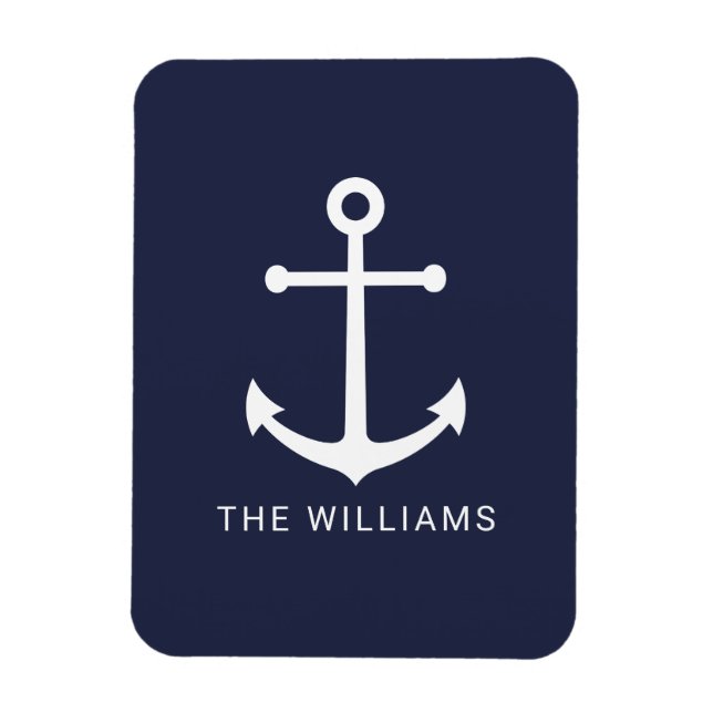 Weißer Nautikanker und Individuelle Name auf Navy  Magnet (Vertikal)