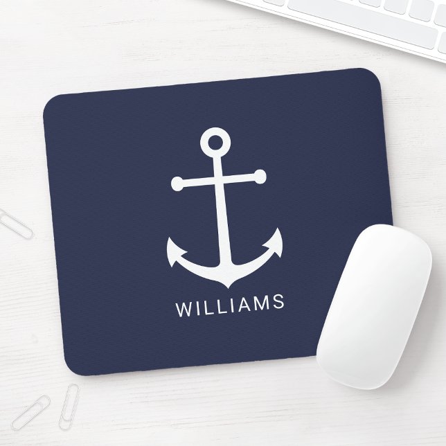 Weißer Nautikanker und Individuelle Name auf Navy  Mousepad (Von Creator hochgeladen)
