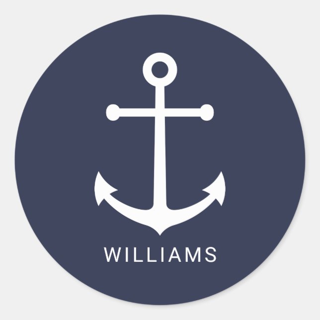 Weißer Nautikanker und Individuelle Name auf Navy  Runder Aufkleber (Vorderseite)