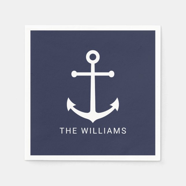 Weißer Nautikanker und Individuelle Name auf Navy  Serviette (Vorderseite)
