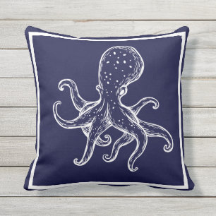 Weißer Oktopus auf blauem Meer nautischer Kissen