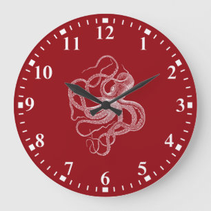 Weißer Oktopus auf dunkelroter Großuhr Große Wanduhr