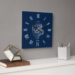 Weißer Oktopus römische Ziffern auf dunkelblau Quadratische Wanduhr