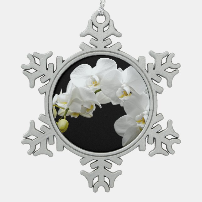 Weißer Orchid Blossom Schneeflocken Zinn-Ornament (Vorderseite)