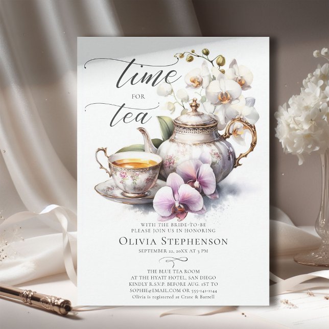 Weißer Orchid Elegantes Set Chic Bridal Teezeremon Einladung (bridal tea party white pink orchid elegant modern classic watercolor romantic sophisticated classy)